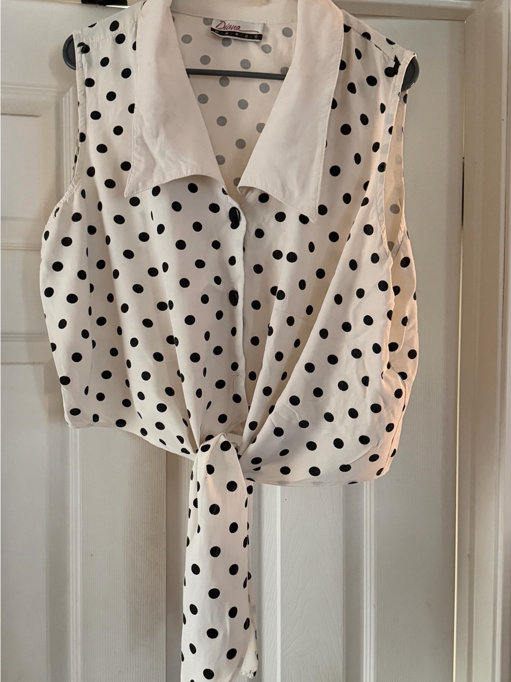 Vintage White Polka Dot Tie-Front Sleeveless Top